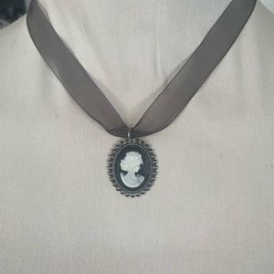 Black & White Cameo Necklace on Black Silk Ribbon Sterling Silver Clasp NWT